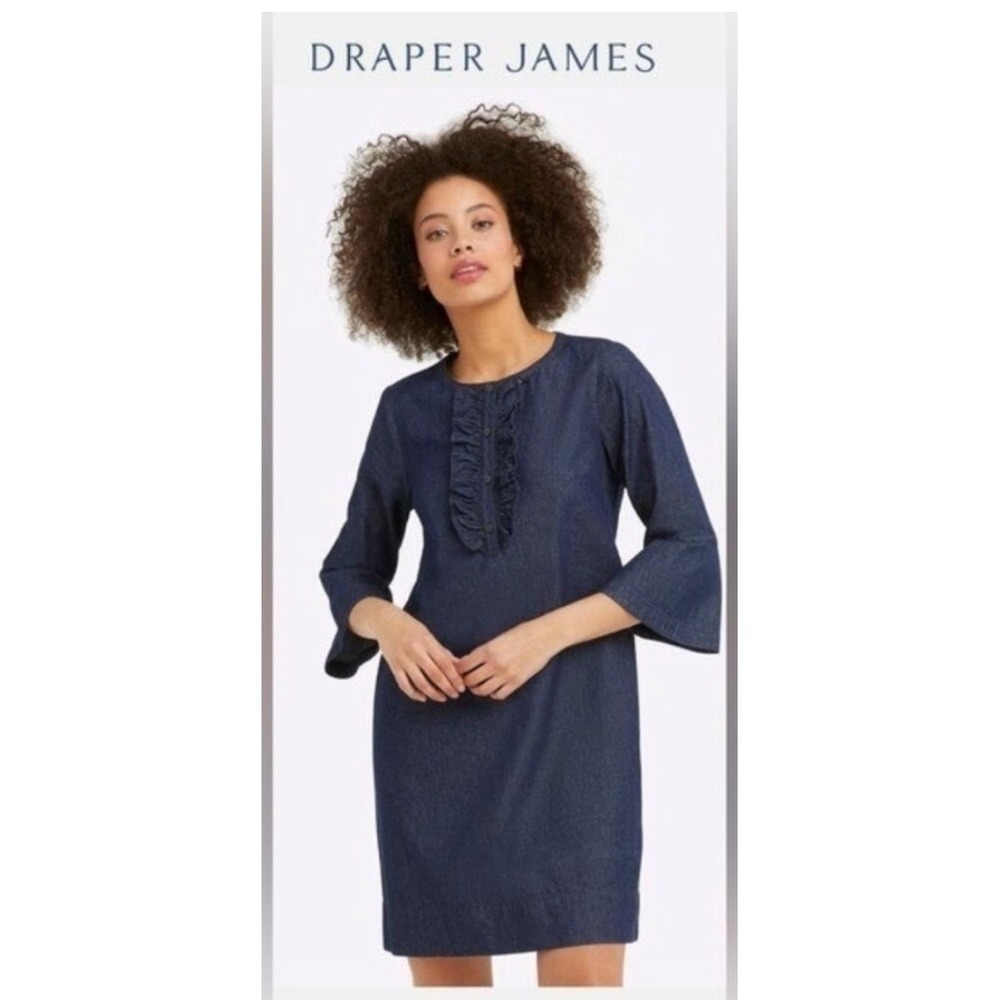 Draper James Chambray Shift Mini Dress Ruffle‎ Detail Dark Wash 3/4 Sleeve Sz 0